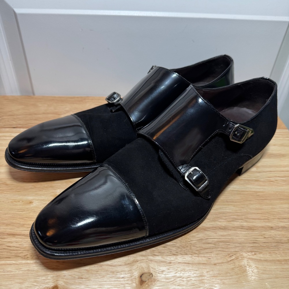 Mezlan Mens Black Suede Patent Leather Double Monk Strap Cap Toe Shoes 12M Spain